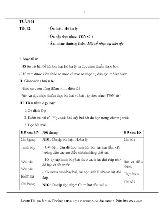 Kế hoạch bài dạy môn Âm Nhạc 8 - Tuần 14, Tiết 12: Ôn hát : Hò ba lý, Ôn tập đọc nhạc: TĐN số 4, Âm nhạc thường thức: Một số nhạc cụ dân tộc (GV: Lương Thị Tuyết Mai)