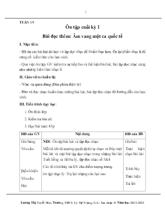 Kế hoạch bài dạy môn Âm Nhạc 8 - Tuần 19: Ôn tập cuối kỳ I, Bài đọc thêm: Âm vang một ca quốc tế (GV: Lương Thị Tuyết Mai)