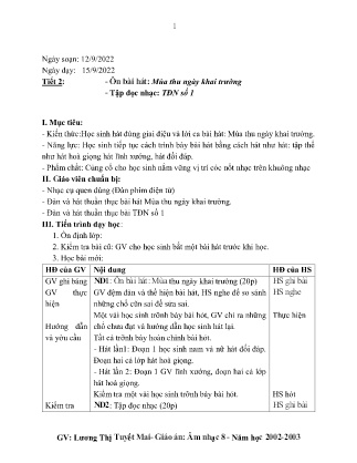 Kế hoạch bài dạy môn Âm Nhạc 8 - Tuần 2, Tiết 2: Ôn bài hát: Mùa thu ngày khai trường, Tập đọc nhạc: TĐN số 1 (GV: Lương Thị Tuyết Mai)