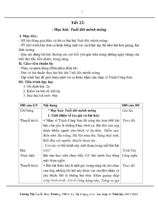 Kế hoạch bài dạy môn Âm Nhạc 8 - Tuần 32, Tiết 22: Học hát: Tuổi đời mênh mông (GV: Lương Thị Tuyết Mai)