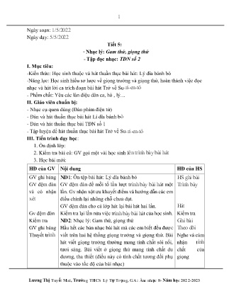 Kế hoạch bài dạy môn Âm Nhạc 8 - Tuần 5, Tiết 5: Nhạc lý: Gam thứ, giọng thứ, Tập đọc nhạc: TĐN số 2 (GV: Lương Thị Tuyết Mai)