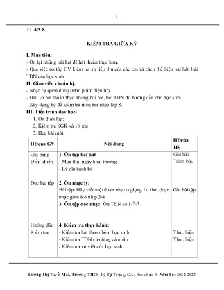 Kế hoạch bài dạy môn Âm Nhạc 8 - Tuần 8: Kiểm tra giữa học kì I (GV: Lương Thị Tuyết Mai)
