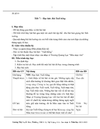Kế hoạch bài dạy môn Âm Nhạc 8 - Tuần 9, Tiết 7: Học hát: Bài Tuổi hồng (GV: Lương Thị Tuyết Mai)