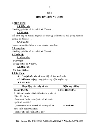 Kế hoạch bài dạy môn Âm Nhạc 9 - Tuần 25, Tiết 4: Học hát: Bài nụ cười (GV: Lương Thị Tuyết Mai)