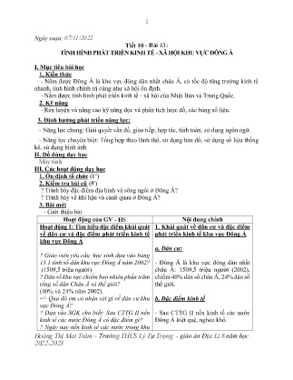 Kế hoạch bài dạy môn Địa Lí 8 - Tuần 11, Tiết 10 - Bài 13: Tình hình phát triển kinh tế-xã hội khu vực Đông Á (GV: Hoàng Thị Mai Trâm)