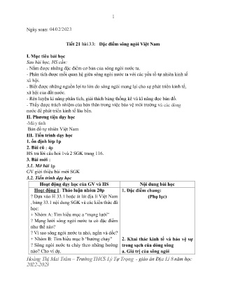 Kế hoạch bài dạy môn Địa Lí 8 - Tuần 23, Tiết 21+22 - Bài 33+36: Đặc điểm sông ngòi Việt Nam, Đặc điểm đất Việt Nam (GV: Hoàng Thị Mai Trâm)