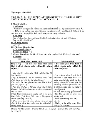Kế hoạch bài dạy môn Địa Lí 8 - Tuần 5, Tiết 5 - Bài 7+8: Đặc điểm phát triển kinh tế và tình hình phát triển kinh tế-xã hội ở các nước châu Á (GV: Hoàng Thị Mai Trâm)