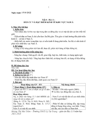Kế hoạch bài dạy môn Địa Lí 8 - Tuần 9, Tiết 8 - Bài 11: Dân cư và đặc điểm kinh tế khu vực Nam Á (GV: Hoàng Thị Mai Trâm)