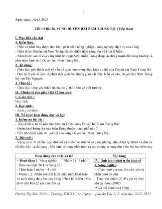 Kế hoạch bài dạy môn Địa Lí 9 - Tuần 11, Tiết 19+20 - Bài 27+28: Vùng Duyên hải Nam Trung Bộ, Vùng Tây Nguyên (GV: Hoàng Thị Mai Trâm)