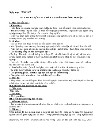 Kế hoạch bài dạy môn Địa Lí 9 - Tuần 5, Tiết 9+10 - Bài 12+13+14: Sự phát triển và phân bố công nghiệp; Vai trò, đặc điểm phát triển và phân bố của dịch vụ, giao thông vận tải và bưu chính viễn thông (GV: Hoàng Thị Mai Trâm)
