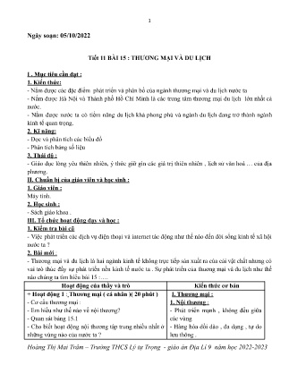 Kế hoạch bài dạy môn Địa Lí 9 - Tuần 6, Tiết 11+12 - Bài 15+17: Thương mại và du lịch, Sự phân hóa lãnh thổ, Vùng núi Trung Du và miền núi Bắc Bộ (GV: Hoàng Thị Mai Trâm)