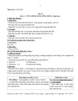 Kế hoạch bài dạy môn Địa Lí 9 - Tuần 8+9, Tiết 15+16 - Bài 22+23: Vùng đồng bằng sông Hồng, Vùng Bắc Trung Bộ (GV: Hoàng Thị Mai Trâm)