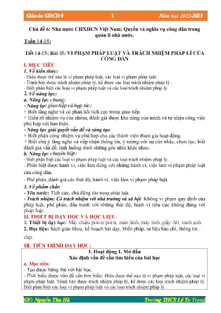 Kế hoạch bài dạy môn GDCD 9 - Tuần 14+15, Tiết 14+15 - Bài 15: Vi phạm pháp luật và trách nhiệm pháp lí của công dân (GV: Nguyễn Thu Hà)