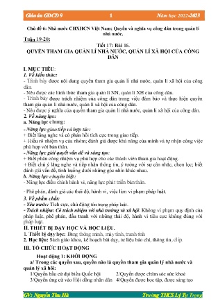 Kế hoạch bài dạy môn GDCD 9 - Tuần 19+20, Tiết 17+18 - Bài 16+17: Quyền tham gia quản lí nhà nước, quản lí xã hội của công dân; Nghĩa vụ bảo vệ Tổ quốc (GV: Nguyễn Thu Hà)
