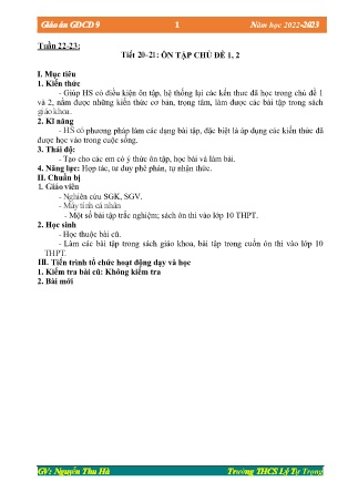 Kế hoạch bài dạy môn GDCD 9 - Tuần 22+23, Tiết 20+21: Ôn tập chủ đề 1+2 (GV: Nguyễn Thu Hà)