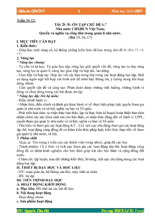 Kế hoạch bài dạy môn GDCD 9 - Tuần 30-32, Tiết 28-30 - Ôn tập chủ đề 6,7; Bài 15-17 (GV: Nguyễn Thu Hà)
