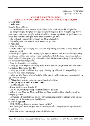 Kế hoạch bài dạy môn HĐTN, Hướng nghiệp 7 - Chủ đề 5: Em với gia đình - Tiết 16+17: Kĩ năng chăm sóc người thân khi bị mệt, ốm; Kế hoạch lao động tại gia đình (GV: Phạm Thị Thái Bình)