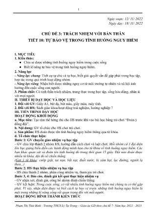 Kế hoạch bài dạy môn HĐTN, Hướng nghiệp 7 - Tuần 11, Tiết 10: Tự bảo vệ trong tình huống nguy hiểm (GV: Phạm Thị Thái Bình)