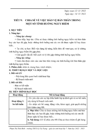 Kế hoạch bài dạy môn Sinh Hoạt Lớp 7 - Tuần 11 - Tiết 9: Chia sẻ về việc bảo vệ bản thân trong một số tình huống nguy hiểm (GV: Phạm Thị Thái Bình)
