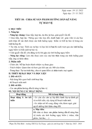 Kế hoạch bài dạy môn Sinh Hoạt Lớp 7 - Tuần 12+13 - Tiết 10+11: Chia sẻ sản phẩm hướng dẫn kĩ năng tự bảo vệ (GV: Phạm Thị Thái Bình)