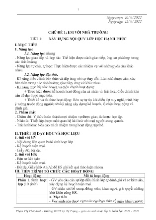 Kế hoạch bài dạy môn Sinh Hoạt Lớp 7 - Tuần 2+3+4 - Tiết 1+2+3 (GV: Phạm Thị Thái Bình)