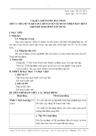 Kế hoạch bài dạy môn Sinh Hoạt Lớp 7 - Tuần 6+7+8 - Tiết 5+6+7: Chia sẻ về kết quả rèn luyện tự hoàn thiện bản thân theo kế hoạch đã xây dựng (GV: Phạm Thị Thái Bình)