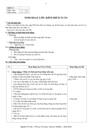 Kế hoạch bài dạy môn Sinh Hoạt Lớp 9 - Tuần 13, Tiết 12 (GV: Nguyễn Thị Hảo)