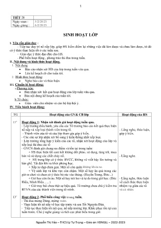 Kế hoạch bài dạy môn Sinh Hoạt Lớp 9 - Tuần 23, Tiết 21 (GV: Nguyễn Thị Hảo)