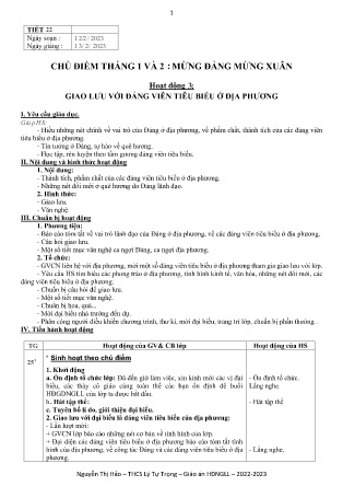 Kế hoạch bài dạy môn Sinh Hoạt Lớp 9 - Tuần 24, Tiết 22 (GV: Nguyễn Thị Hảo)