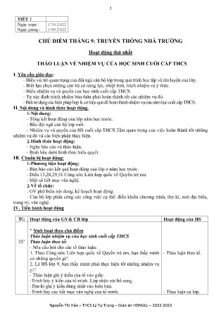 Kế hoạch bài dạy môn Sinh Hoạt Lớp 9 - Tuần 3, Tiết 2 (GV: Nguyễn Thị Hảo)
