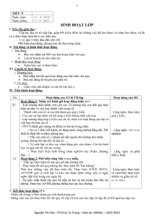 Kế hoạch bài dạy môn Sinh Hoạt Lớp 9 - Tuần 33, Tiết 31 (GV: Nguyễn Thị Hảo)