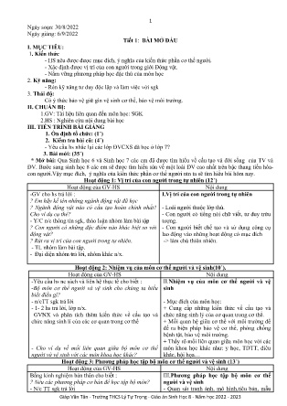 Kế hoạch bài dạy môn Sinh Học 8 - Tuần 1, Tiết 1: Bài mở đầu (GV: Giáp Văn Tân)
