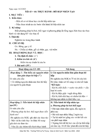 Kế hoạch bài dạy môn Sinh Học 8 - Tuần 25+26, Tiết 43+44 - Thực hành: Hô hấp nhân tạo (GV: Giáp Văn Tân)