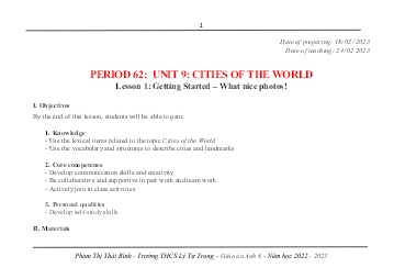 Kế hoạch bài dạy môn Tiếng Anh 6 - Period 62-68, Unit 9: Cities of the world (GV: Phạm Thị Thái Bình)