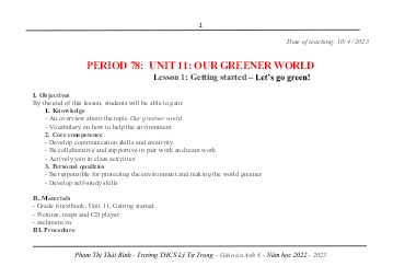 Kế hoạch bài dạy môn Tiếng Anh 6 - Period 78-84, Unit 11: Our greener world (GV: Phạm Thị Thái Bình)