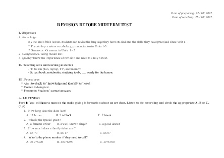 Kế hoạch bài dạy môn Tiếng Anh 6 - Revision before midterm test; A midterm test (GV: Phạm Thị Thái Bình)