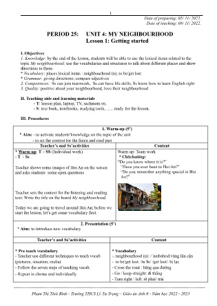 Kế hoạch bài dạy môn Tiếng Anh 6 - Tuần 10, Tiết 25+26+27 (GV: Phạm Thị Thái Bình)