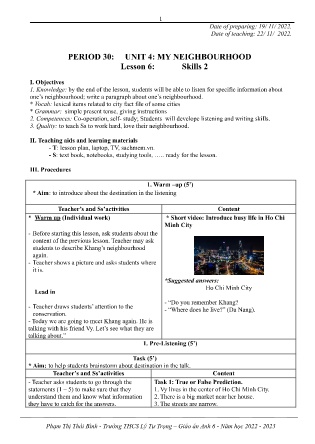 Kế hoạch bài dạy môn Tiếng Anh 6 - Tuần 12, Tiết 30+31+32 (GV: Phạm Thị Thái Bình)