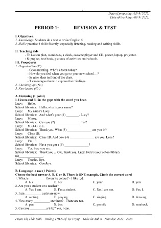 Kế hoạch bài dạy môn Tiếng Anh 6 - Tuần 1+2+3 (GV: Phạm Thị Thái Bình)