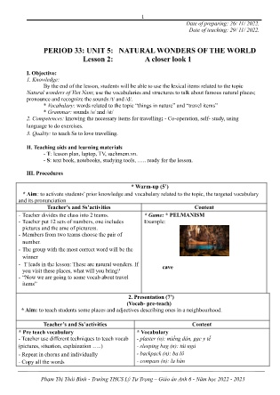 Kế hoạch bài dạy môn Tiếng Anh 6 - Tuần 13, Tiết 33+34+35 (GV: Phạm Thị Thái Bình)