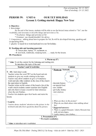 Kế hoạch bài dạy môn Tiếng Anh 6 - Tuần 15, Tiết 39+40+41 (GV: Phạm Thị Thái Bình)