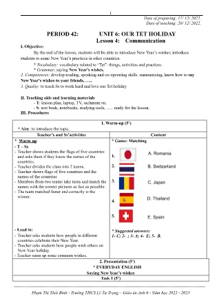 Kế hoạch bài dạy môn Tiếng Anh 6 - Tuần 16, Tiết 42+43+44 (GV: Phạm Thị Thái Bình)