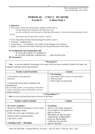 Kế hoạch bài dạy môn Tiếng Anh 6 - Tuần 4, Tiết 10+11+12 (GV: Phạm Thị Thái Bình)