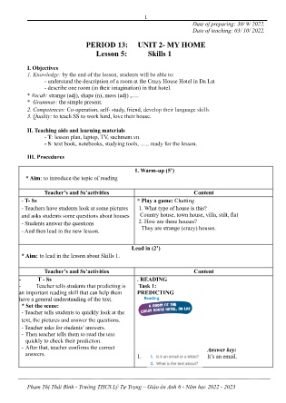 Kế hoạch bài dạy môn Tiếng Anh 6 - Tuần 5, Tiết 13+14+15 (GV: Phạm Thị Thái Bình)
