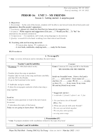 Kế hoạch bài dạy môn Tiếng Anh 6 - Tuần 6, Tiết 16+17+18 (GV: Phạm Thị Thái Bình)