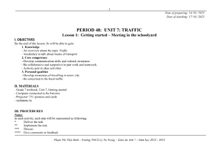 Kế hoạch bài dạy môn Tiếng Anh 7 - Tiết 48-54, Unit 7: Traffic (GV: Phạm Thị Thái Bình)