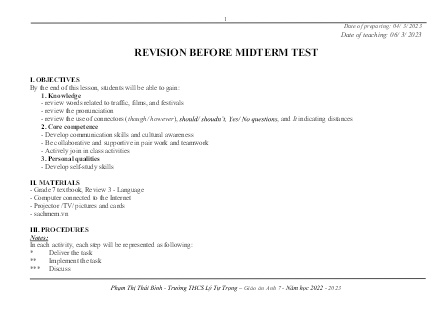 Kế hoạch bài dạy môn Tiếng Anh 7 - Tiết 69+70: REVISION BEFORE MIDTERM TEST (GV: Phạm Thị Thái Bình)