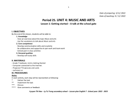 Kế hoạch bài dạy môn Tiếng Anh 7 - Tuần 10-12, Period 25-31, Unit 4: Music and arts (GV: Nguyễn Thị Hảo)