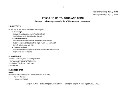Kế hoạch bài dạy môn Tiếng Anh 7 - Tuần 12-15, Period 32-38, Unit 5: Food and drink (GV: Nguyễn Thị Hảo)