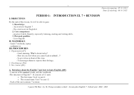 Kế hoạch bài dạy môn Tiếng Anh 7 - Tuần 1+2+3, Period 1-9, Unit 1: Hobbies (GV: Nguyễn Thị Hảo)